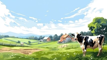 Dairy Cow Farm in Danish Countryside Scene Banner with Space for Typo and Text