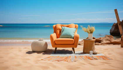 Relaxing Holiday: Armchair on the Beach with Sea View. Generative AI,