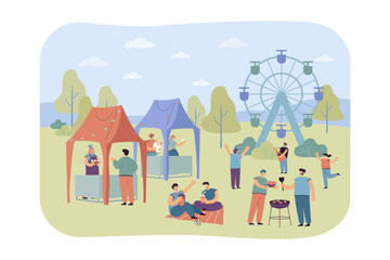 People having fun at summer festival vector illustration. Musicians playing guitar, farmers selling natural products and bakery, friends drinking and eating barbeque. Summer, entertainment concept