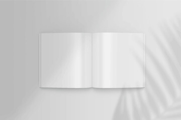 Realistic empty blank A4/A5 flyer, booklet, half-fold, brochure, leaflet, book presentation template design. Window and leaves shadow overlay, isolated on white background. 3D Vector Illustration.