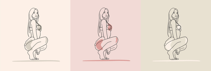 Girl collection in underwear with shape on a beige and pink background. Sex shop design. Pole dancer. Female sexuality. Vector illustration in line art style