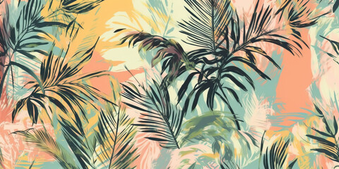 Lush tropical plants and graceful palm trees background photo wallpaper pattern. Soothing palette of delicate pastel hues painted in watercolour. Generative AI illustration