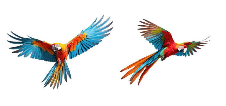 set of 2 flying macaws isolated on transparent background