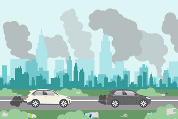 Cars driving in polluted city vector illustration. Smog in air, transport emissions and plastic waste on ground harming environment. Poor ecology, air pollution concept