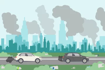 Foto op Aluminium Cars driving in polluted city vector illustration. Smog in air, transport emissions and plastic waste on ground harming environment. Poor ecology, air pollution concept © SurfupVector
