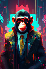 Fototapeta na wymiar Mafia Monkey businessman, wearing black glasses, digital art, artstation, oil painting style created by generative ai 