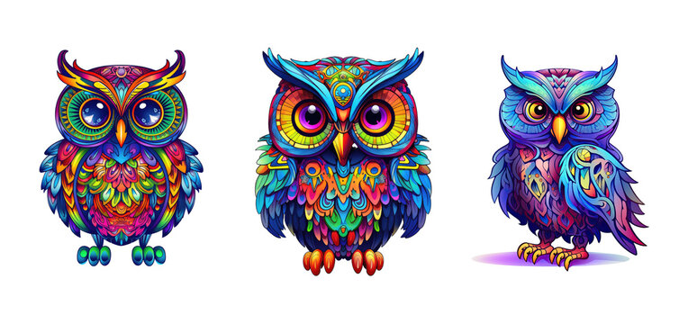 set of 3 colorful kawaii owls isolated on transparent background