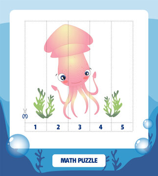 Math puzzle, use scissors, cut parts of the image and complete the picture. Squid, marine life collection.