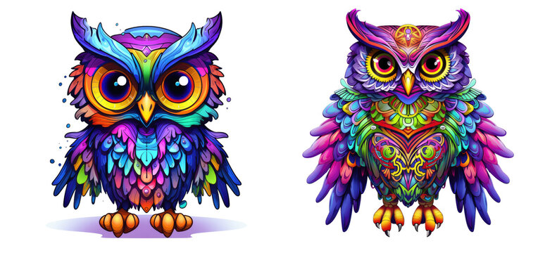 set of 2 colorful kawaii owls isolated on transparent background