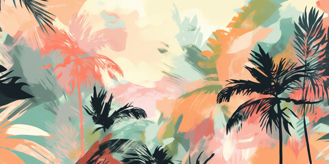 Fototapeta na wymiar Lush tropical plants and graceful palm trees background photo wallpaper pattern. Soothing palette of delicate pastel hues painted in watercolour. Generative AI illustration
