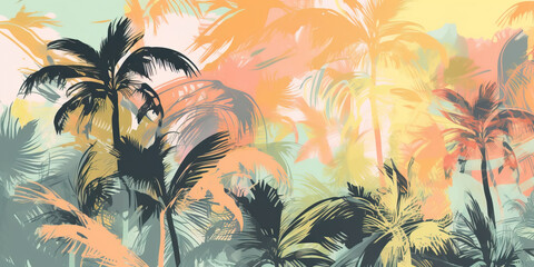 Lush tropical plants and graceful palm trees background photo wallpaper pattern. Soothing palette of delicate pastel hues painted in watercolour. Generative AI illustration