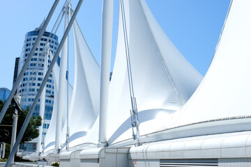 Fototapeta premium sails Canada Place Vancouver spruce branches against sky developing flag beautiful place advertising travel to Canada travel agency vacation in big city skyscrapers beautiful buildings