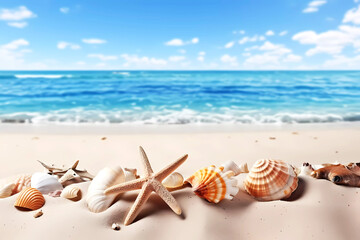 Fototapeta na wymiar Summer beach with starfish and shells. Generative ai design.