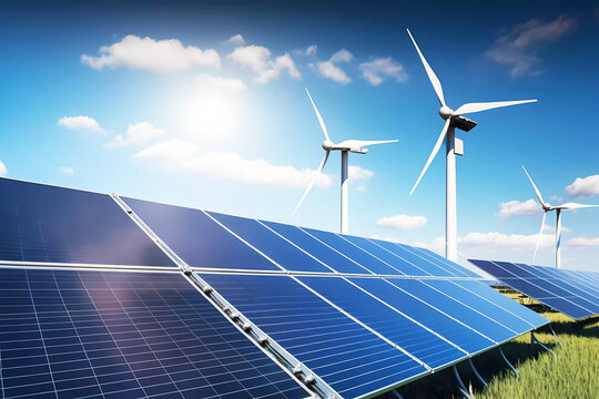 Solar panels and wind turbines generating electric. Generative ai design.