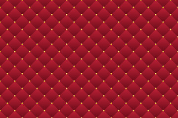 Red velvet luxury upholstery leather texture background with golden beads. Premium vintage quilted square padding pattern with gold buttons. Vector illustration.
