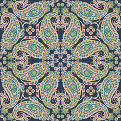 Floral seamless pattern with paisley ornament. Vector illustration in asian textile style