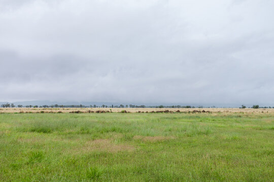 Grey rainclouds and rain retreating to distant hills across green farmland