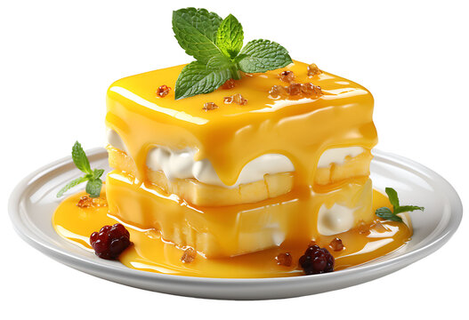 Ice cream dessert with fruits. Sweet cake with mango, banana and raspberries with mint leaves. Transparent or white background, png. Ai generated