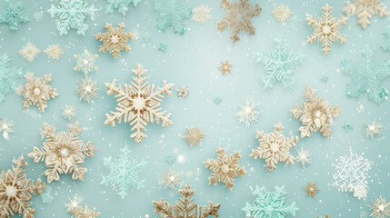 Glistening snowflakes dance, light teal and gold unite, creating an ethereal winter canvas, captivating hearts with nature's artistry - obrazy, fototapety, plakaty