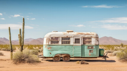 An abandoned retro vintage caravan stands in the desert with lots of cacti on a sunny day. The blue sky offers copy space