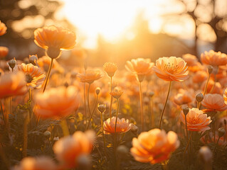 Sunset's embrace, orange blooms, dreamy lens flare, paints a serene canvas on sunlit ground. Nature's poetry unfolds