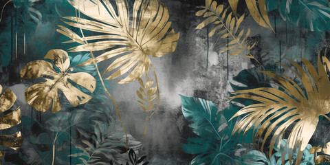 Lush tropical plants and graceful palm and monstera leaves background wallpaper pattern. Gold, black, teal and gray colors. Generative AI illustration