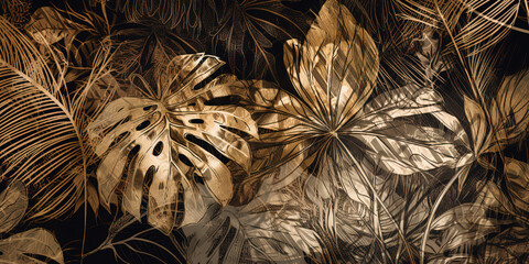 Lush tropical plants and graceful palm and monstera leaves background wallpaper pattern. Gold, black and gray colors. Generative AI illustration - obrazy, fototapety, plakaty