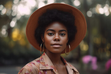 Pretty african american woman in hat outdoor on summer looking to camera. Generative AI