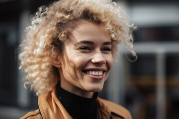 Happy smiling woman with a beautiful natural curly hair on city street. Generative AI