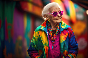 Old woman in fashionable bright outfit over colorful wall background. Generative AI