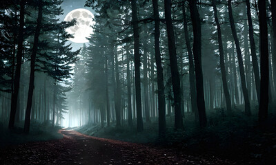 Obraz premium Dark woods with full moon, Generative AI, Generative, AI
