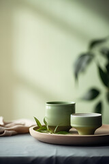 Freshly brewed green leaf tea in ceramic cup on the table