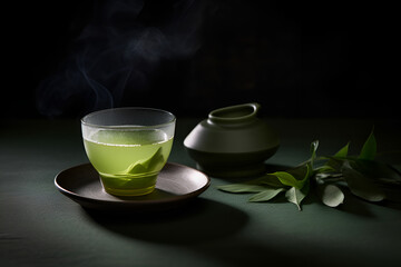 Glass cup with traditional Japanese green colored matcha tea served on table