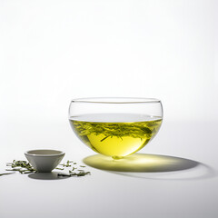 Freshly brewed green leaf tea in glass cup on the table