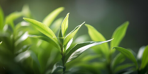 Closeup of top of Green tea leaf in the morning, tea plantation