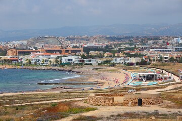 Paphos, Cyprus - Mediterranean Sea beach resort. Seaside landscape.