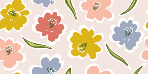 Hand drawn flowers, seamless patterns with floral for fabric, textiles, clothing, wrapping paper, cover, banner, interior decor, abstract backgrounds.