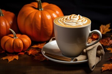 Autumn pumpkin cappuccino coffee on the background of a dark pumpkin composition.