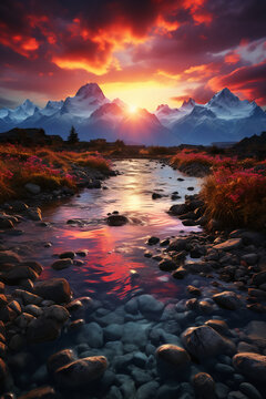 A beautiful landscape with a stunning sunset over a tranquil lake. AI generative