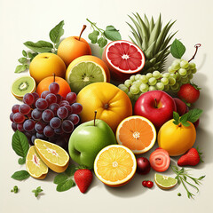 A variety of fruits including apples, grapes, oranges, pomelo, pineapples