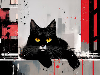 Abstract black cat illustration, ai generated 