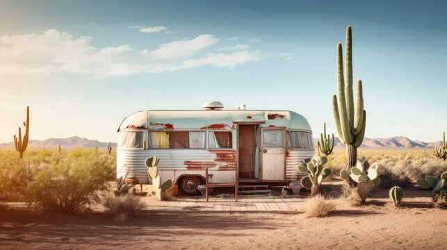 An abandoned retro vintage caravan stands in the desert with lots of cacti on a sunny day. The blue sky offers copy space