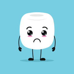 Fototapeta premium Cute sad marshmallow character. Funny unhappy marshmallow cartoon emoticon in flat style. sweet emoji vector illustration