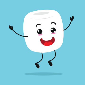 Cute happy marshmallow character. Funny celebration marshmallow cartoon emoticon in flat style. sweet emoji vector illustration