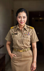 Fototapeta premium photo of middle aged asian woman in Thai teacher uniform, generative AI