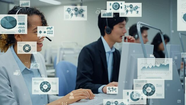 Multinational people working in office and statistical data concept. Call center. Telemarketing.