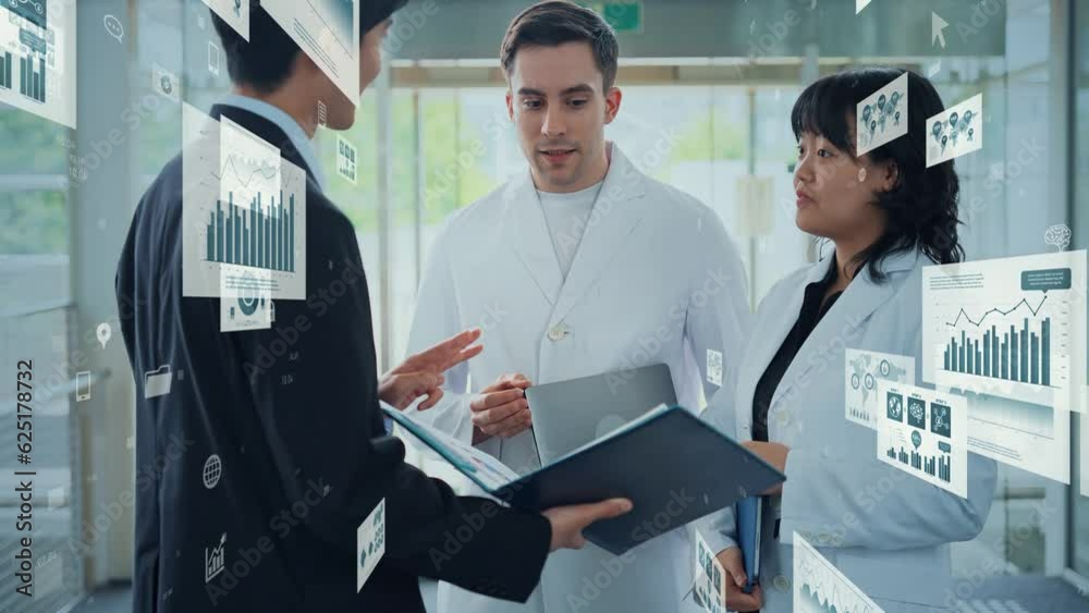 Poster multinational people talking in the lobby and statistical data.
