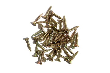 Long gold-colored screws lie on a white isolated background.