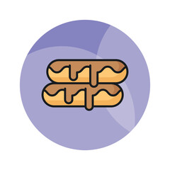 A small, soft, log shaped pastry filled with chocolate, modern flat eclair icon