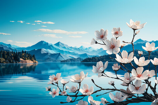 Delicate light pink flowers on the background of a lake and a mountain landscape. Painting.